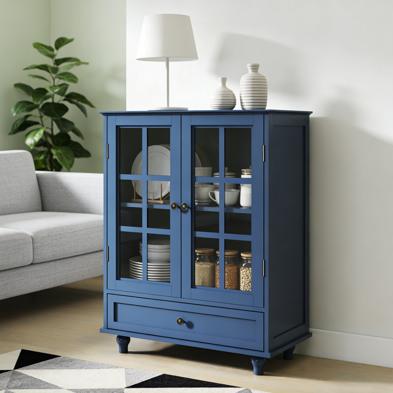 Vintage Blue Minimalist Buffet Cabinet, Modern Wooden Sideboard Storage With Double Glass Doors & Drawer, Blue