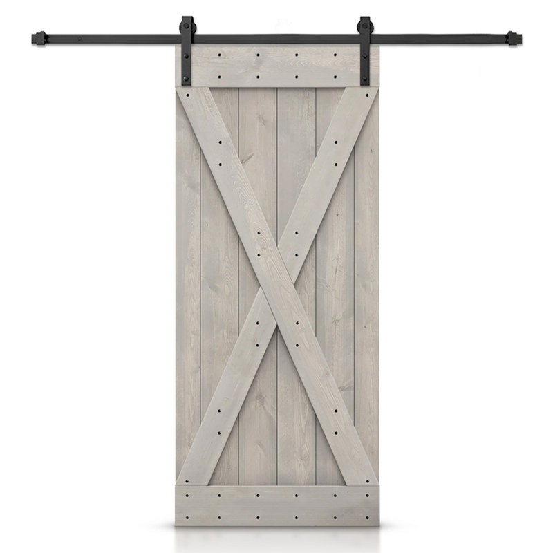 Porte de grange à panneaux et en bois avec quincaillerie d'installation, 44 po x 84 po, Gris argenté, Noir mat