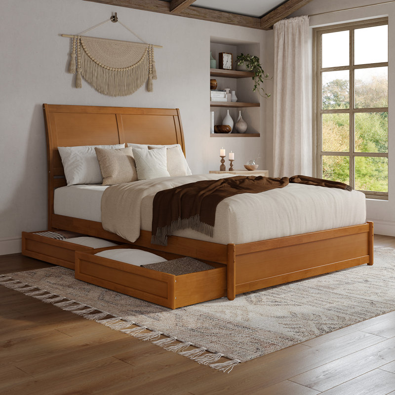 Lit plateforme en bois massif Lamayia avec pied de lit et tiroirs de rangement, Light Toffee, Grand