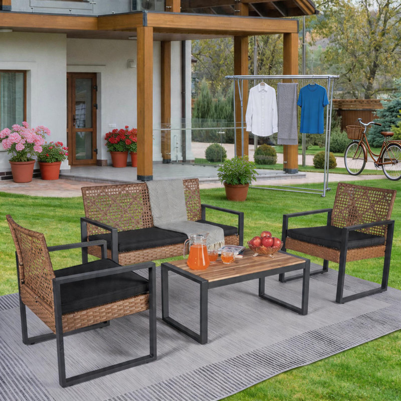 4-Piece Modern Outdoor Patio Furniture Set, Acacia Wood Tabletop, Black & Light Brown for Balcony, Porch, Garden & Backyard