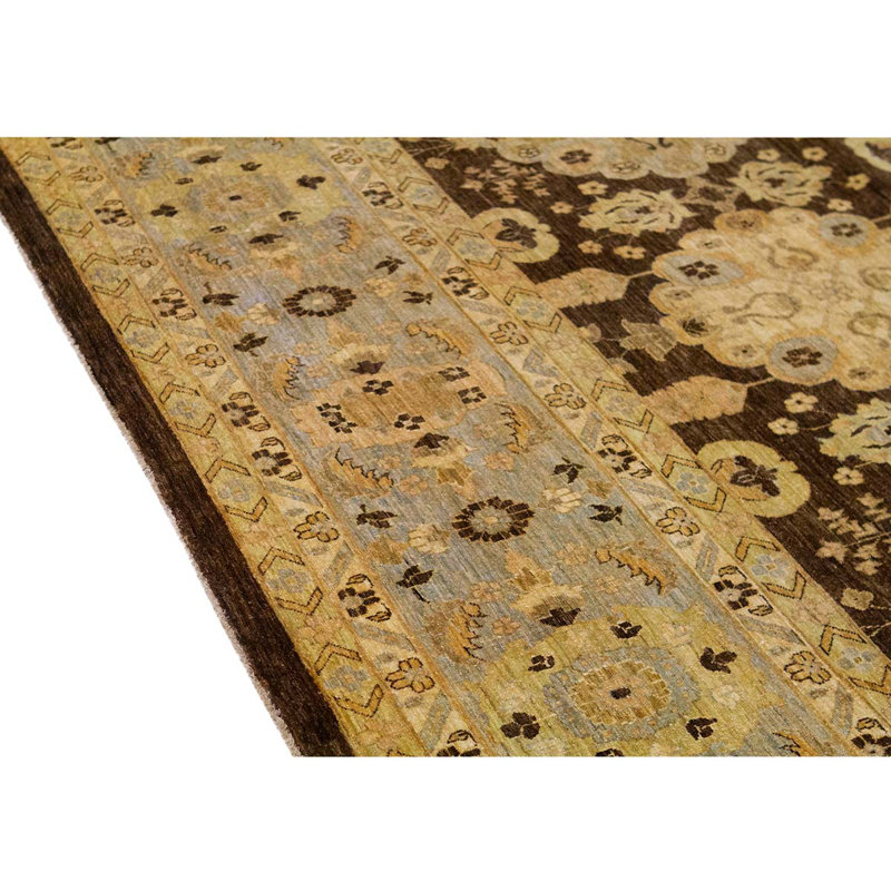 Tapis brun en laine noué à la main de conception unique 11 pi 8 po x 15 pi 5 po