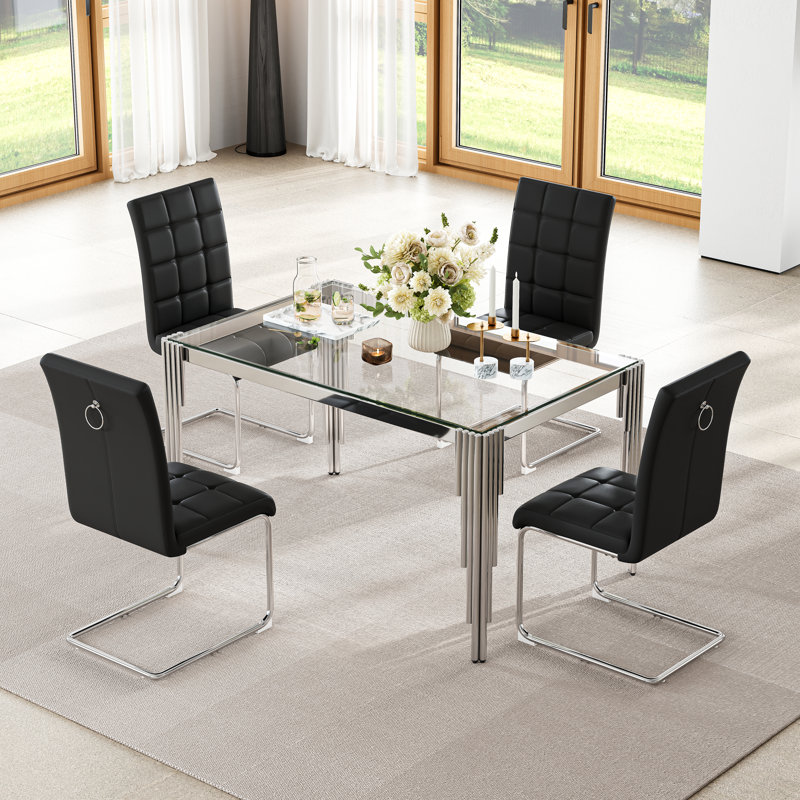 Modern Glass Dining Table Set Of 5, 52.76" Rectangular Tempered Glass Top, Polished Irregular Round Tube Stainless Steel Legs, 4 PU Leather Suspended Stainless Steel Frame Dining Chairs