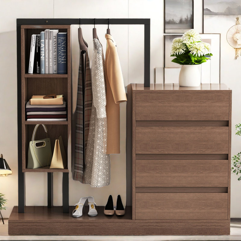 Vasilia Wardrobe with 4 Drawers, 3 Open Compartments and Multiple Shelves, Espresso