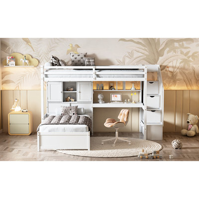 Lit mezzanine simple au-dessus d'un lit mezzanine blanc avec bureau intégré et espace de rangement, y compris bureau, tablette et escalier
