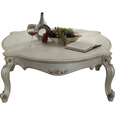 54 Inch Scalloped Coffee Table, Poplar Wood, Cabriole Legs, Pearl White