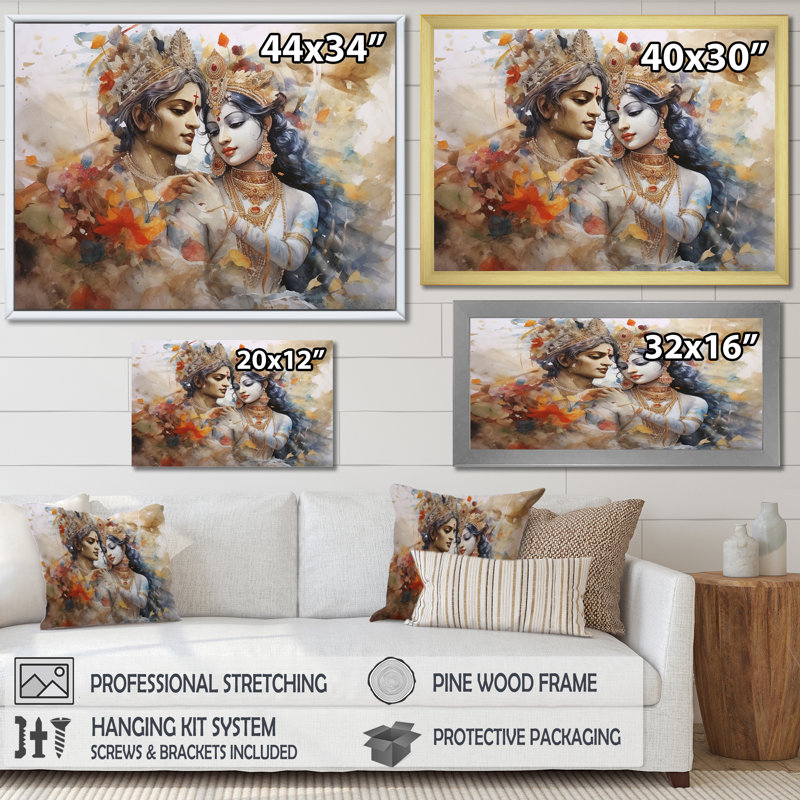 Hindouisme, aquarelle sèche, mariage divin de Radha Krishnas - impressions de l'hindouisme, Toile tendue, 30" H x 40" W