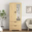 Armoire garde-robe naturelle avec miroir, armoire en bois avec tringle 2 tiroirs et tablettes réglables pour la chambre à coucher