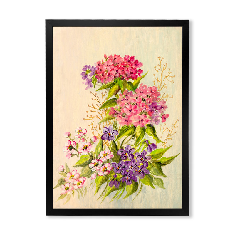 Nature morte de fleurs roses et mauves - peinture sur toile, H 40 po x l 30 po x P 1,5 po, Toile avec cadre photo noir