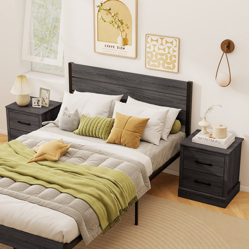 Set Of 2 18.5'' Farmhouse Nightstand w/2 Drawers Compact Size End Table Living Room, Dark Grey Oak