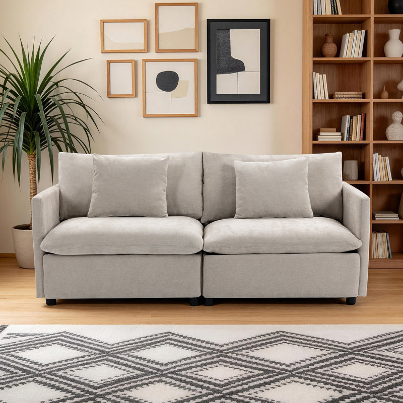 Oversized Seats Sofa Couch for Living Room Large Chenille Sofa with 2 Thick Pillows,  Light Brown
