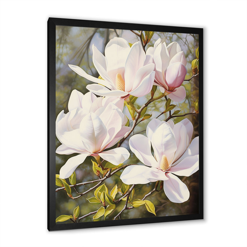Blanc et rose magnolia tranquillité - impression, H 40 po x l 30 po x P 1,5 po, Cadre photo noir