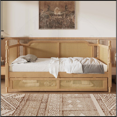Traditional Rattan Daybed with 2 Drawers, Ideal for Guest Rooms and Limited Spaces, No Box Spring Needed