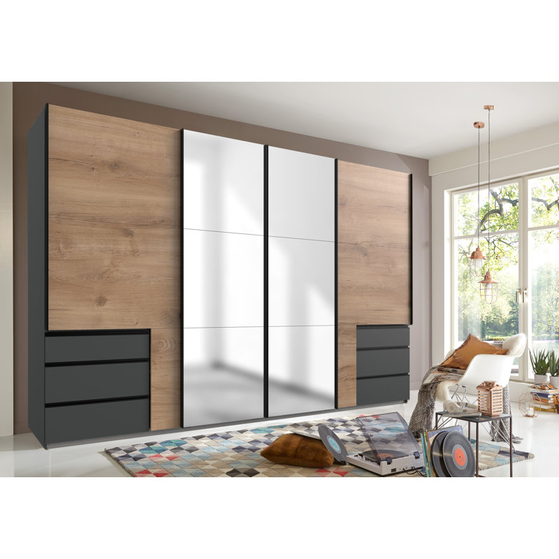 Guardino 4 Door Wardrobe, 216cm H x 350cm W x 65cm D, Plank Oak/Graphite