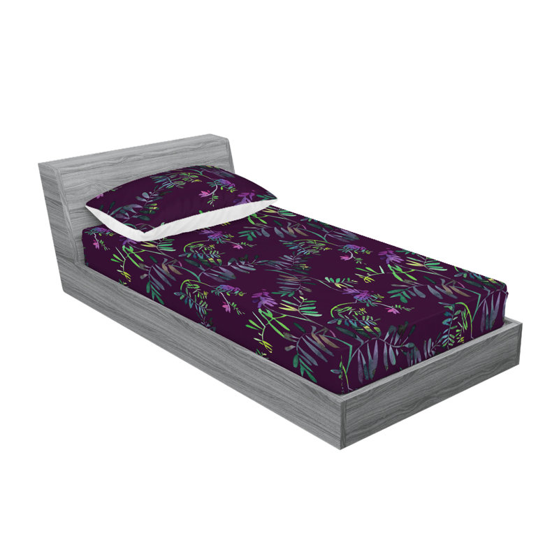 Drap-housse et taies décoratives 3 pièces Ambesonne, Prune et fuchsia / motif floral vert