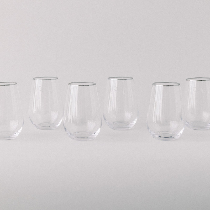 Siren 16oz. Stemless Wine Glass Set, Clear/Platinum