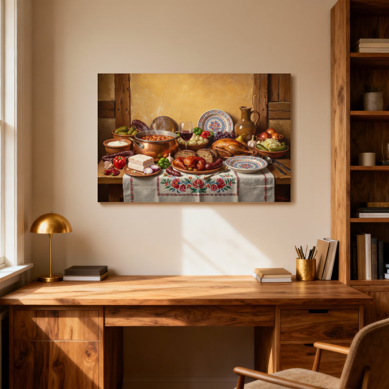Nature morte avec nourriture et décoration, H 16 po x l 24 po