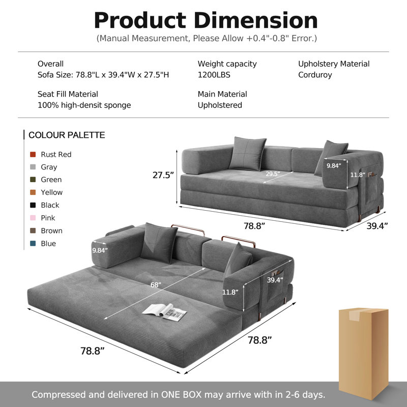 Canapé-lit de 78,8 po pour salon, canapé-lit modulaire convertible avec coussin d'accoudoir, canapé-lit modulaire pliable en velours côtelé dans une boîte, sans assemblage