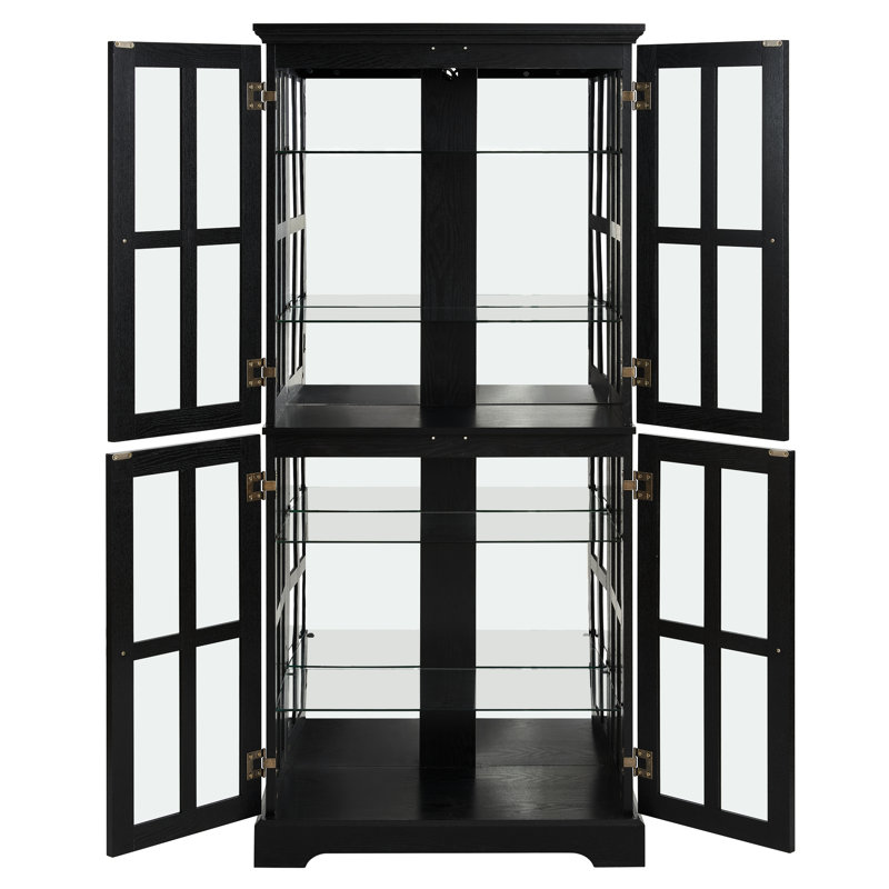 Black Glass Collectibles Cabinet With Adjustable Storage Space, Vintage Metal Handles, And Integrated For Dining Area Decor Antique Display Glass, Shelves, Base, Complementary Bulb Hallway
