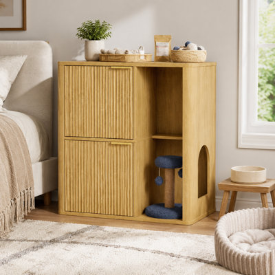 Table d'appoint Mid-Century avec litière pour chat avec ouvertures arquées à double entrée, poteau à griffes et tablette de rangement intégrés, mobilier multifonctionnel pour le salon et la chambre à coucher.