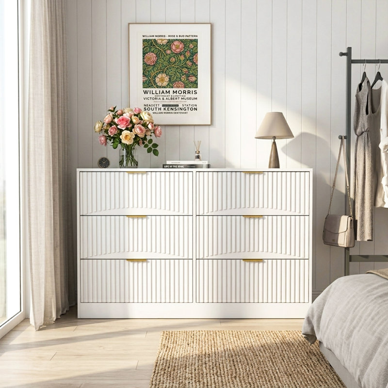 Commode 6 tiroirs cannelée, grande commode, Blanc