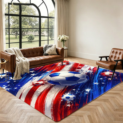 American Flag Soccer Ball Area Rug, Indoor Floor Mat for Living Room, Bedroom, Kids, Sports Themed Decor, Durable Non-Slip Washable, Home and Accessories