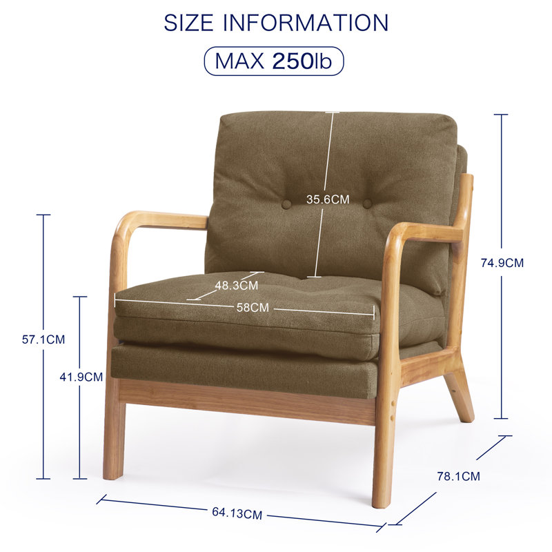 Fauteuil d'appoint avec coussin confortable comme un nuage et accoudoirs en bois, Lin 100 % brun