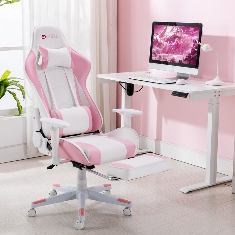 EDWELL Adjustable Reclining Ergonomic Faux Leather Swiveling PC & Racing  Game Chair with Footrest in Pink