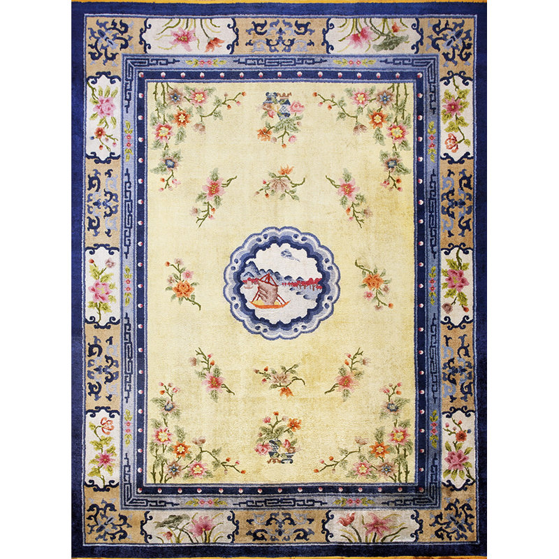 Antique Luxurious Silk Pile Room Size Chinese Art Deco Design Rug