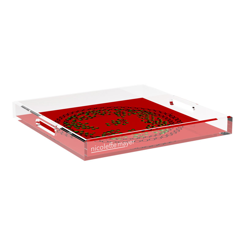 Christmas Berries Green Red Acrylic Square Decorative Tray, 18"W x 18"D x 2"H