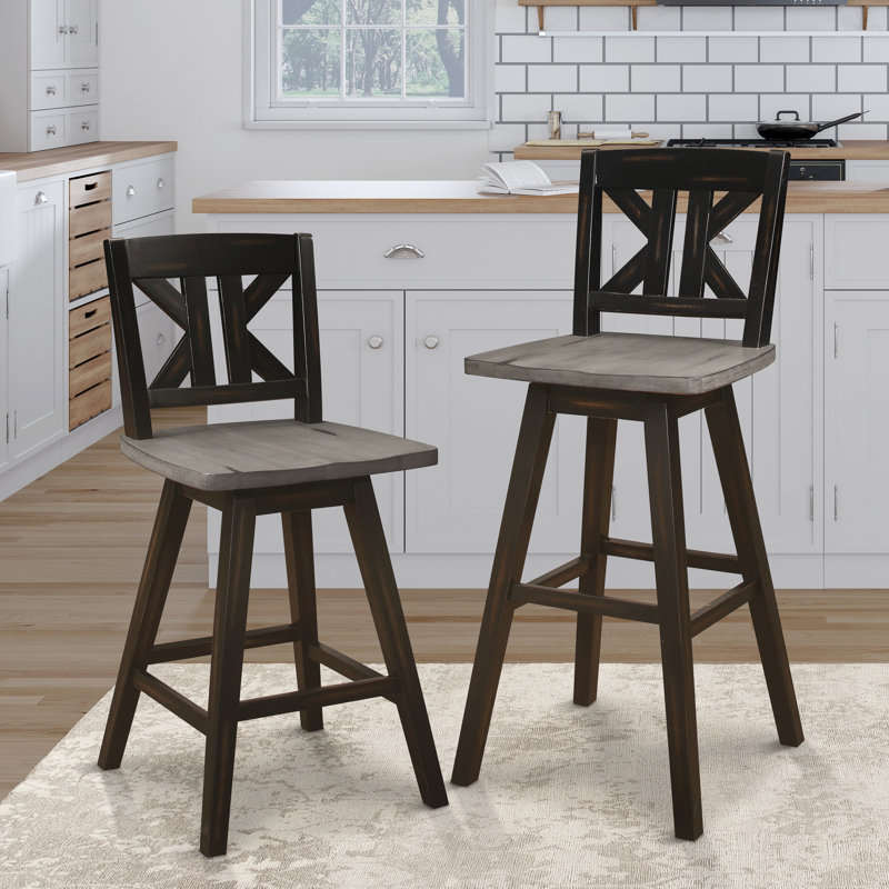 2 pièces, chaises de table de salle à manger à hauteur de pub de 28,5 po, en bois massif, gris et noir, divisées, 2 en bois d'hévéa, gris et noir