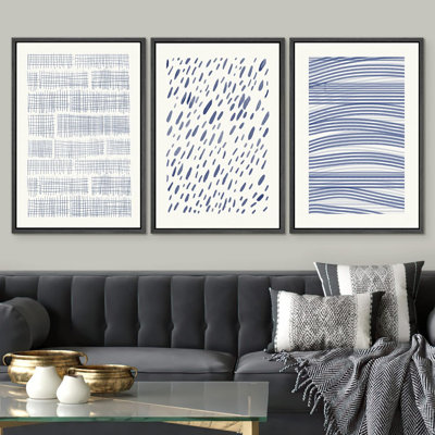 " Geometric Blue & White Watercolor Variety Abstract Shape Illustration Modern Art Chic Relax Calm " 3 - Pieces on Canvas