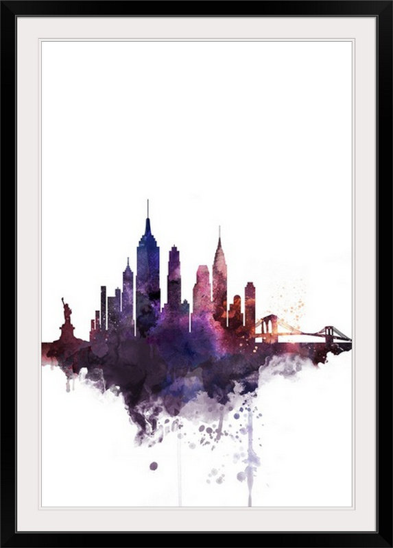 « new york city aquarelle cityscape », impression, H 38 po x l 28 po x P 1 po, Cadre noir