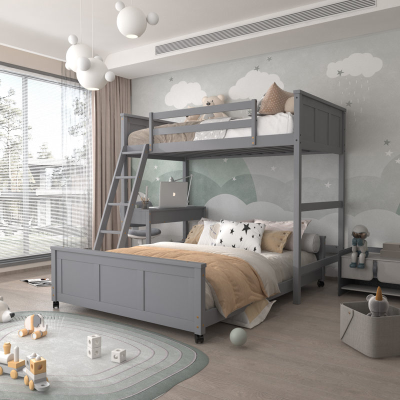 Lits simples superposés sur lit double avec bureau et tiroirs, lit mezzanine simple en bois avec cadre de lit plateforme double amovible, lit superposé avec échelle