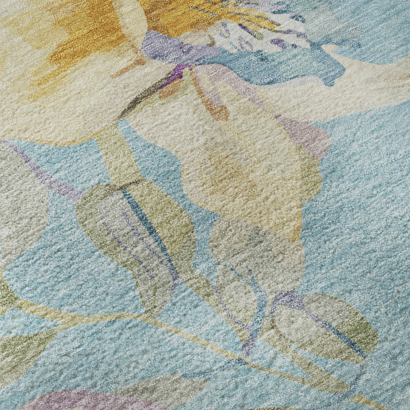 Premium Machine Washable Mayfield AMF2262 Floral Rug, Aqua, 1'8" x 2'6"