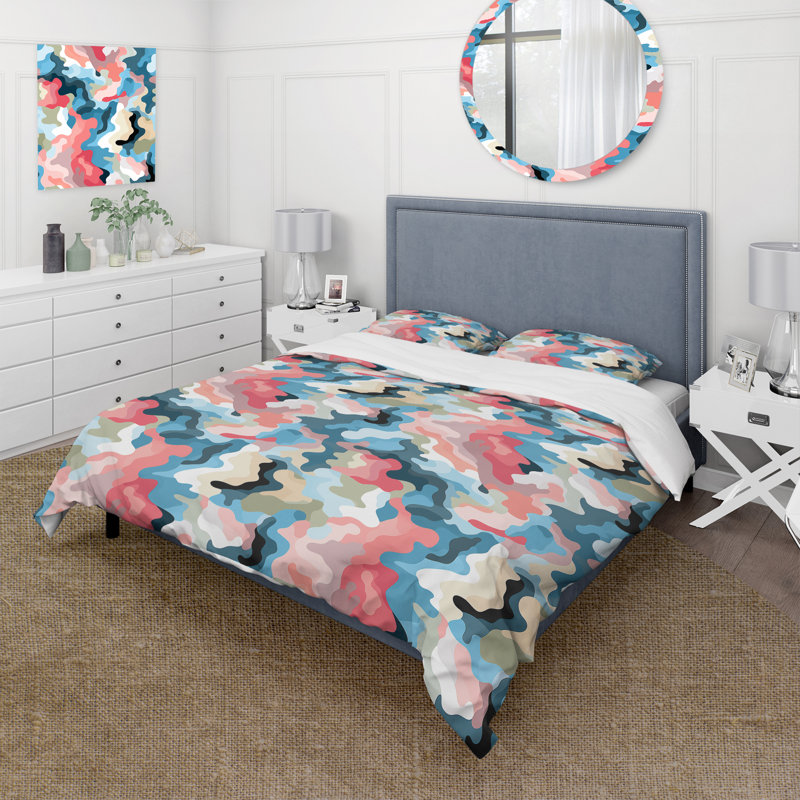 Literie victorienne mauve et rose avec composition aquatique II, Housse de couette pour grand lit et 2 taies décor
