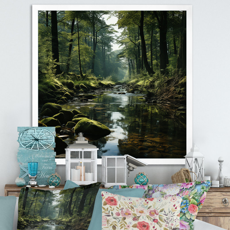 Rivière, forêt, trésor caché, paysage IV, Cadre simple blanc, H 16 po x l 16 po x P 1 po