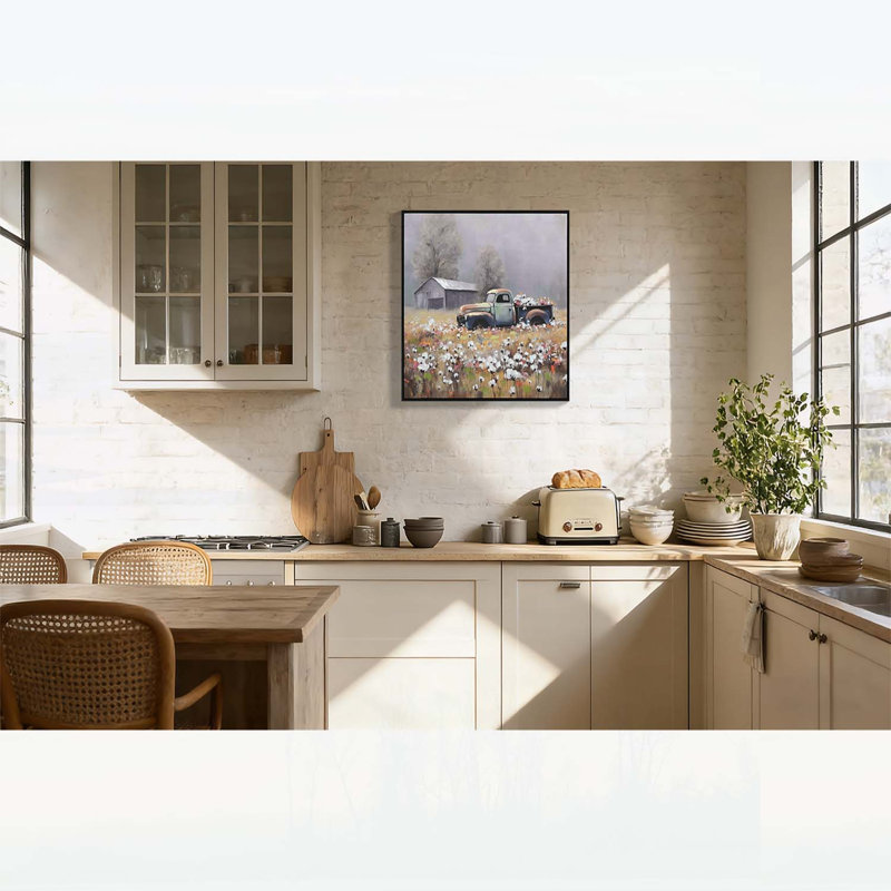 Tableau sur toile représentant un camion de ferme vintage, décor rustique champêtre avec des accents floraux, parfait pour la décoration printanière de la maison