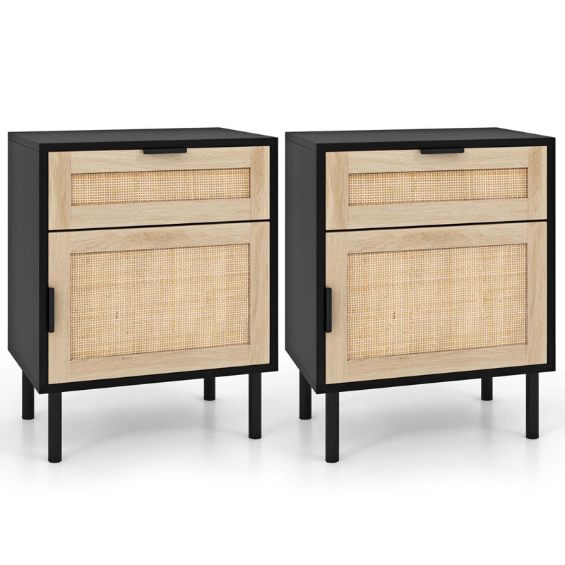Rattan Nightstand Set Of 2 Mid Century Modern End Table With Drawer & Cabinet