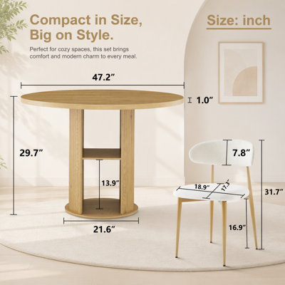 47.24 Inch Round Dining Table Set with Two Chairs, Modern Farmhouse Style, Double-Tiered Storage, Natural Finish