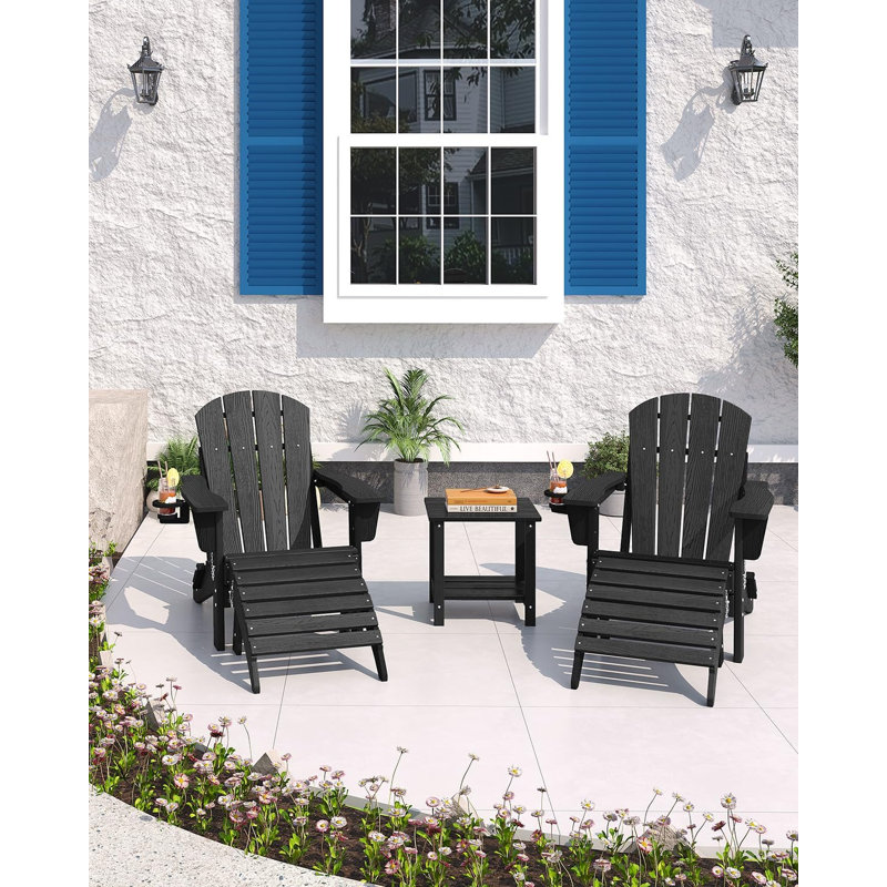 Adirondack Chair Set of 4, HDPE Outdoor Patio Chair with Cup Holder, All Weather Resistent Wooden Textured for Patios, Decks, Gardens, Fire Pit