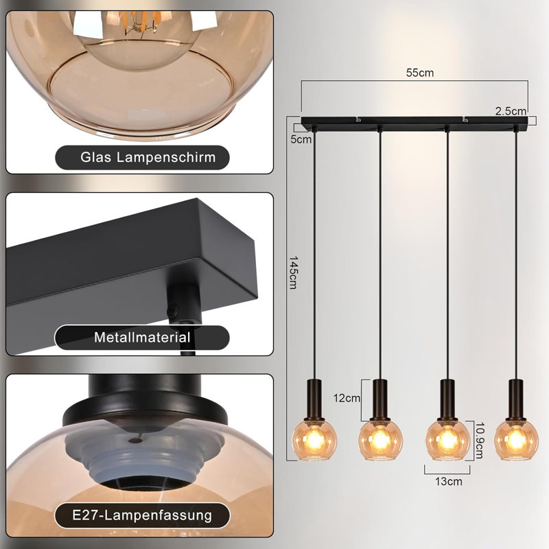 4 - Light Matte Black Pendant, 4 Lights, 145" H x 55" W x 5" D