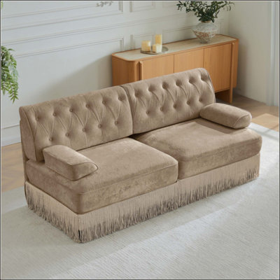Canapé de style Chesterfield en velours doux, conception capitonnée à boutons, jupe de frange à franges sur le plancher, facile à assembler, combinaison libre, pour les salons