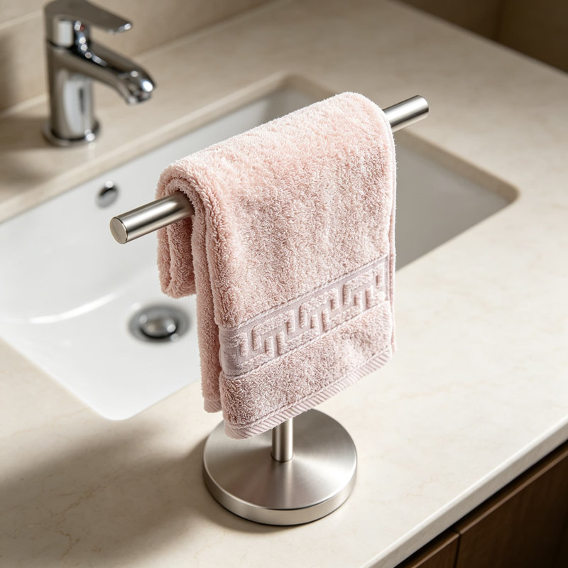 Porte-serviettes sur pied avec base lestée, en acier inoxydable antirouille, pour salle de bain, à poser sur un comptoir ou à fixer au mur. Design ouvert en forme de T, couleur argent.