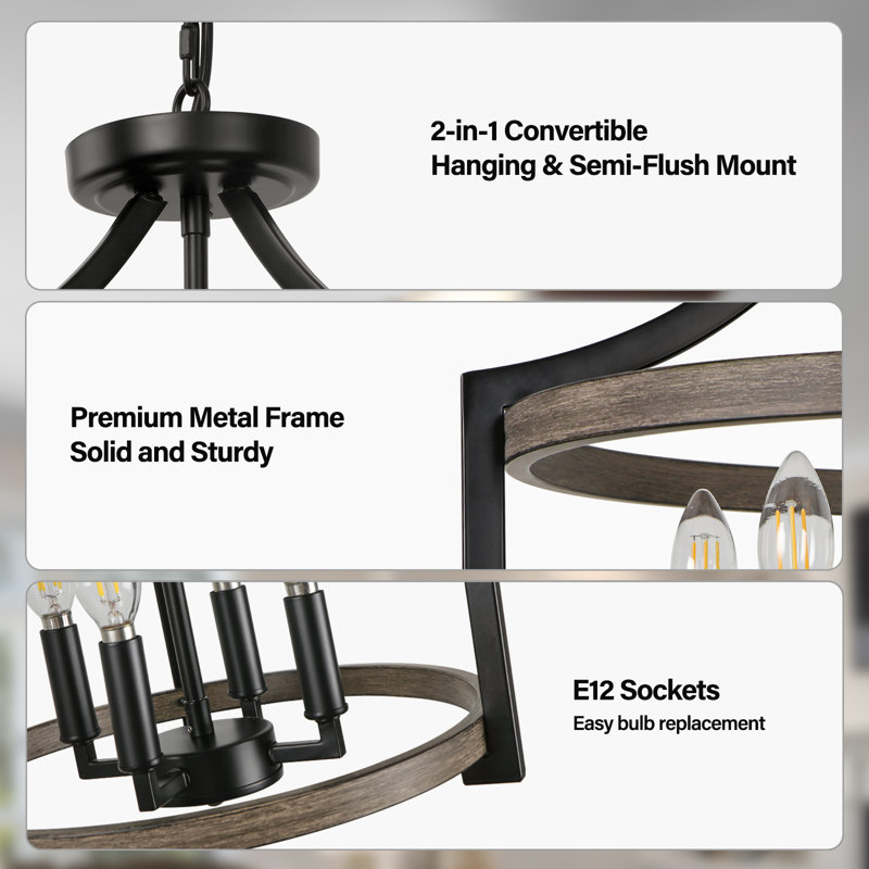 Aonesty 4-Light Lantern Chandelier, Matte Black/Faux Wood Grain