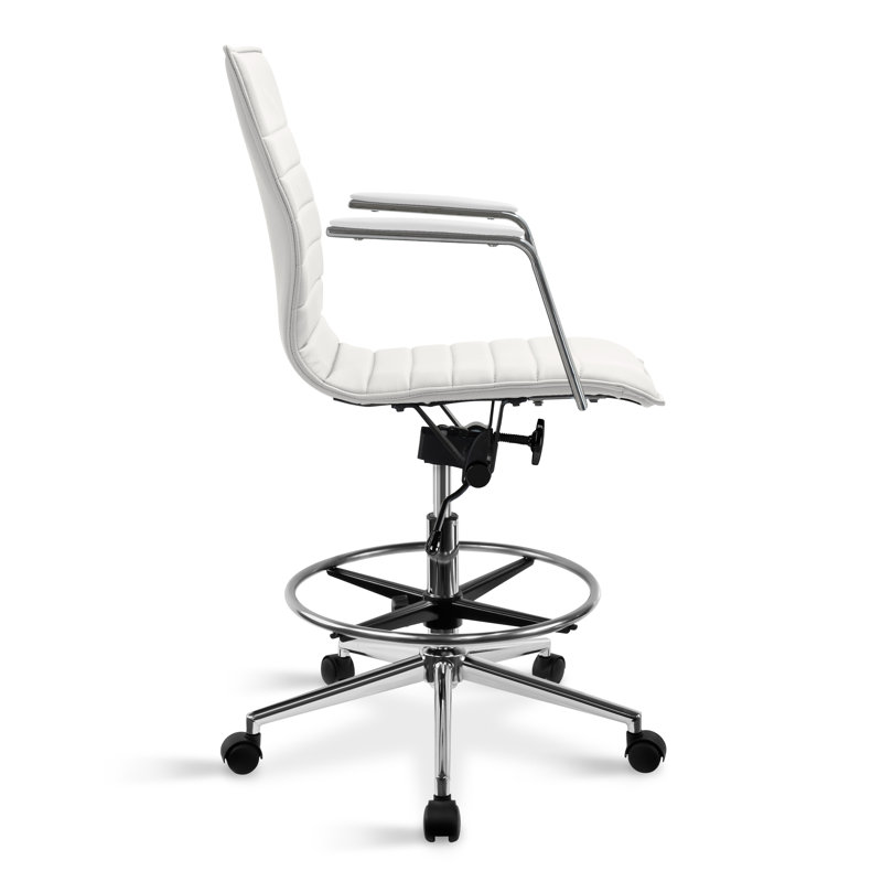 Modern Drafting Chair | Upholstered PU Leather Ribbed Mid Back with Tall Adjustable Base & Leg Rest | Tilt Lock, Swivel | Computer Armchair for Home, Executive, Conference, Meetings