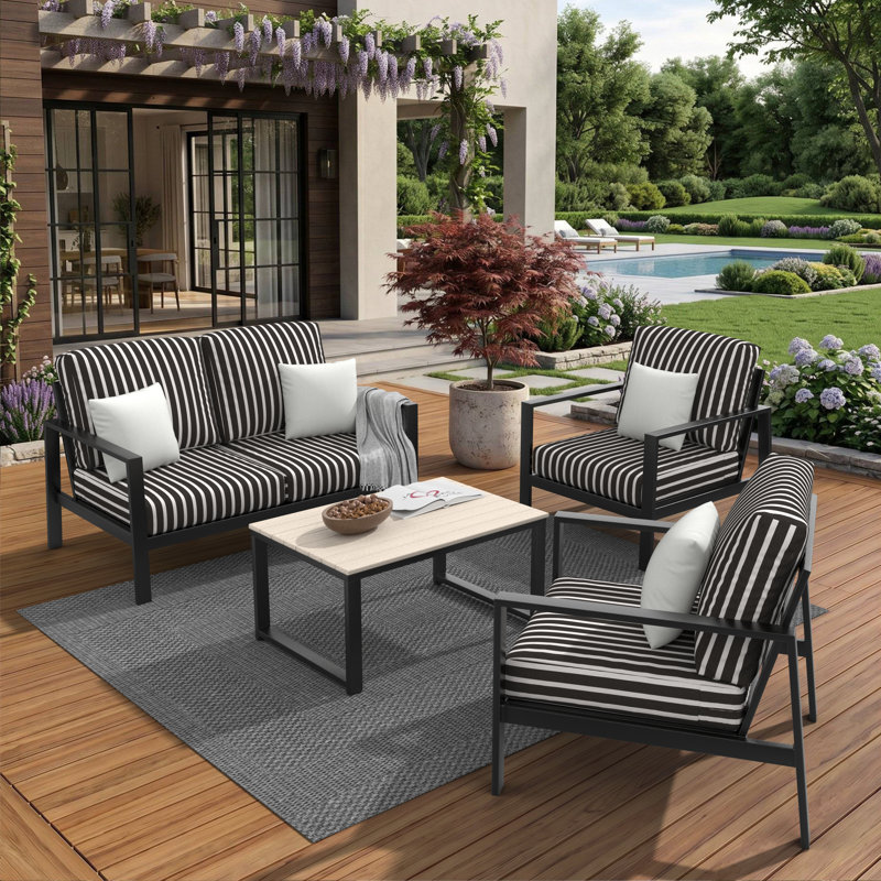 Ensemble de conversation avec coussins Sunbrella® Lugowe, Black/White Striped, 4 Pcs: Table, Loveseat, 2 Chairs