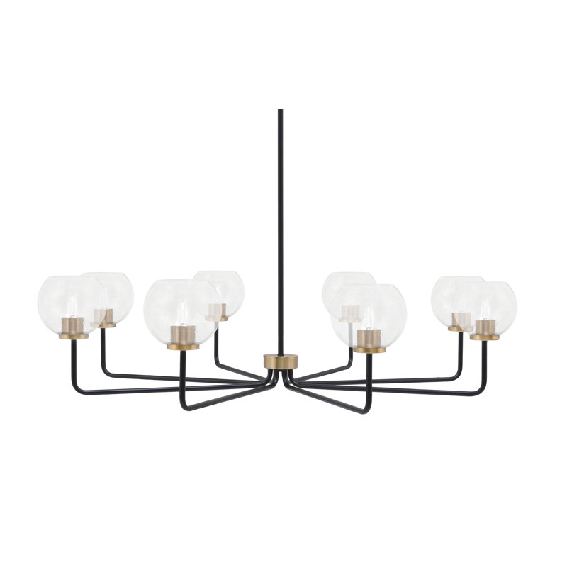 Lustre 8 lumières Amarmula, noir mat et laiton vieilli, verre transparent 5,75 po, Clair, Noir/laiton