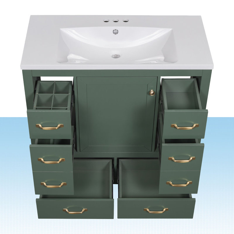 Meuble-lavabo simple 36 po avec plateau en céramique Raedon, Vert, Or brossé
