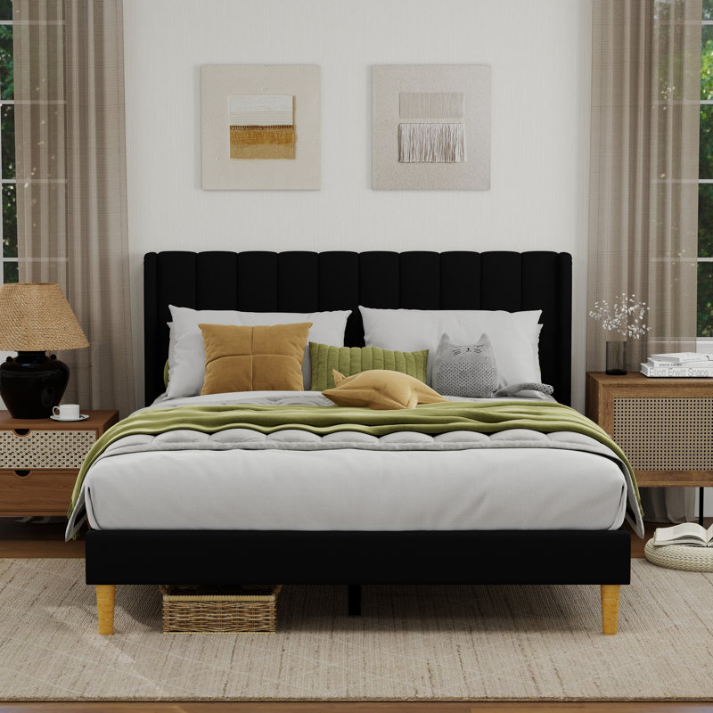 Sutter Upholstered Wingback Bed, Queen, Black