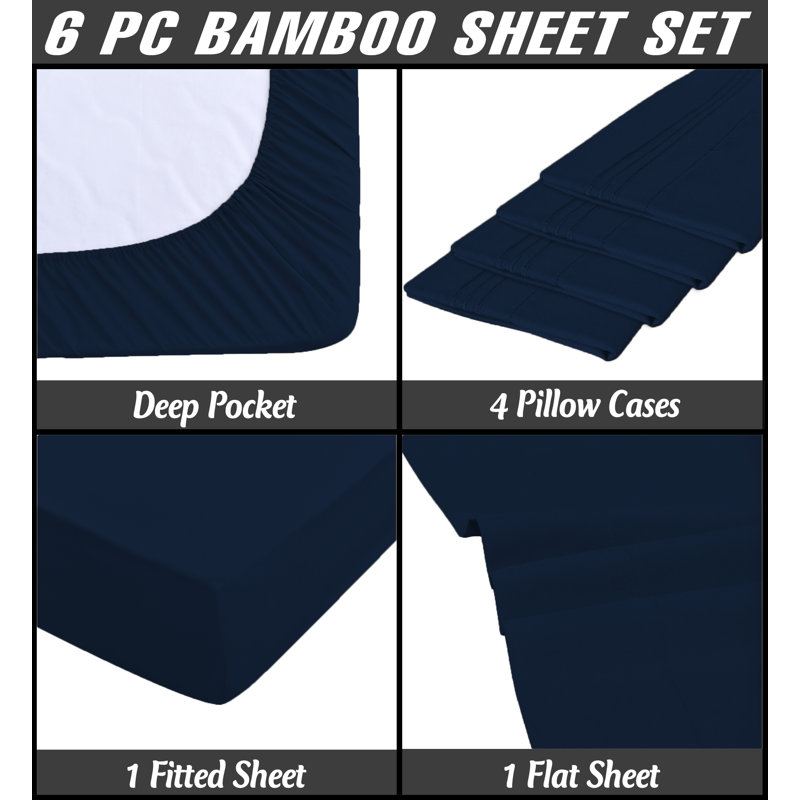 Ensemble de literie 6 pièces en rayonne de bambou de qualité supérieure avec poches profondes et refroidissement, Bleu foncé